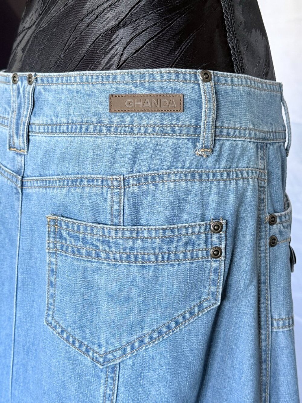 Ghanda Vintage Utility Denim Maxi Skirt - Paneled Boho A-Line Light Wash - Picture 8 of 13